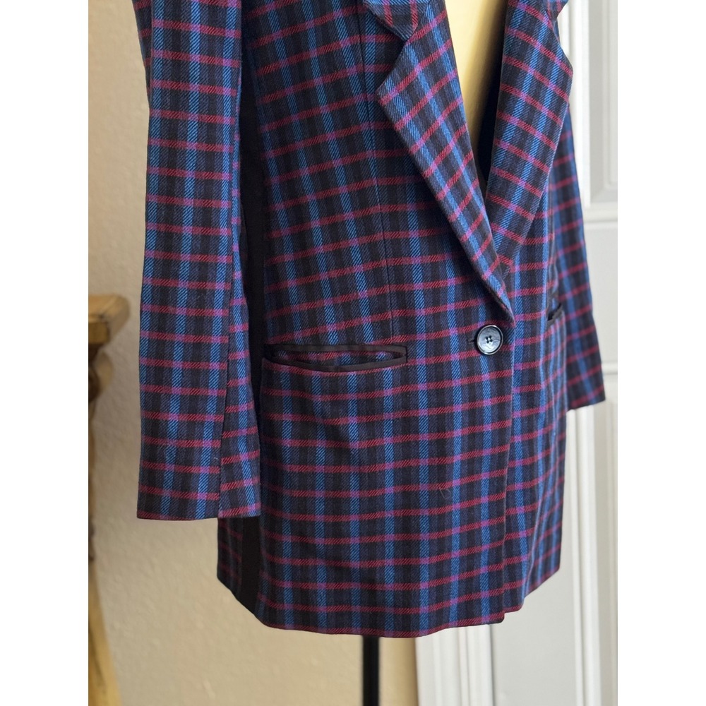 Pinko Plaid Blazer Jacket Women Italy Blue Burgundy Single Button Sz4 office - Picture 5 of 12